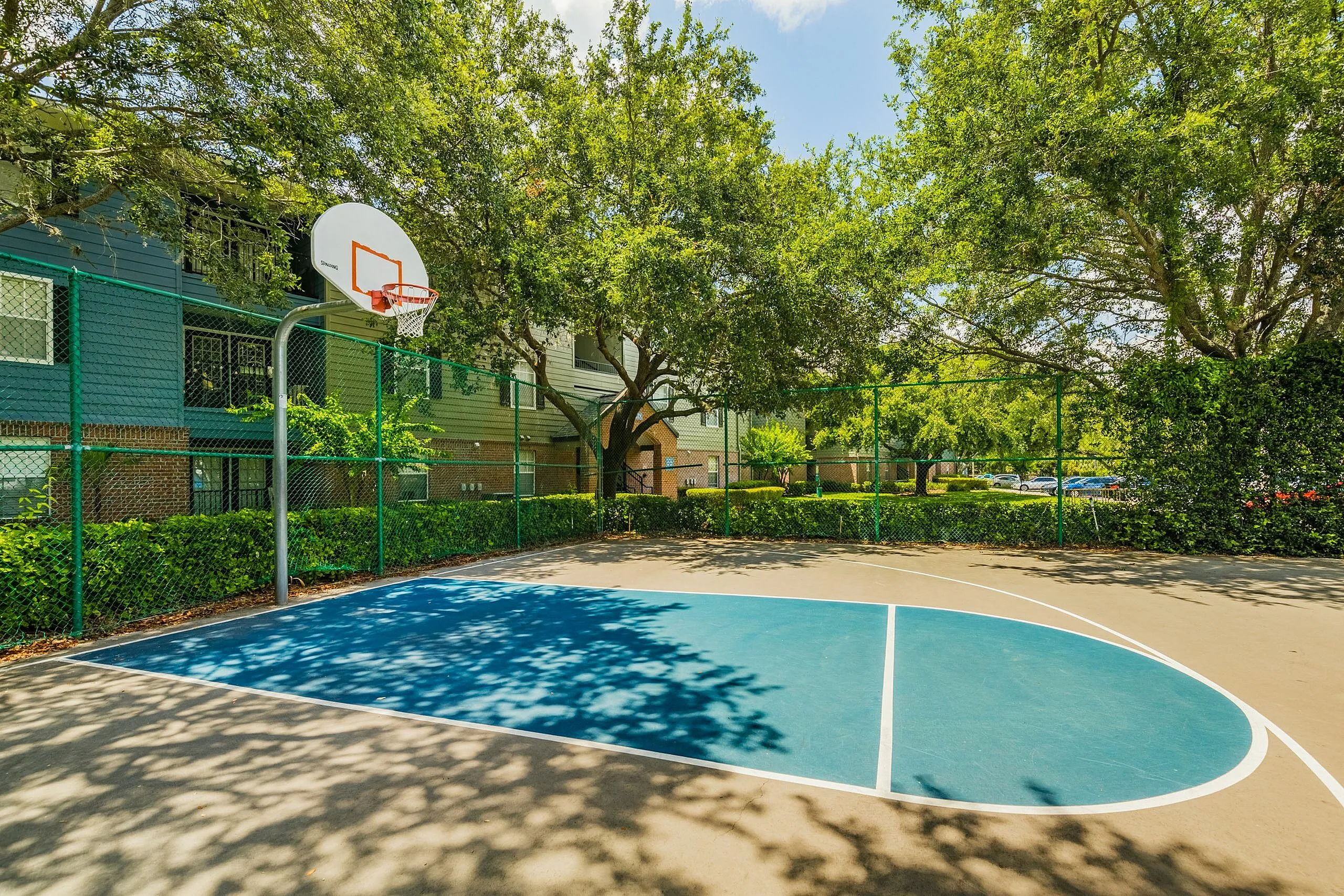 Inviting outdoor basketball court surrounded by lush greenery, perfect for leisure and fitness activities.