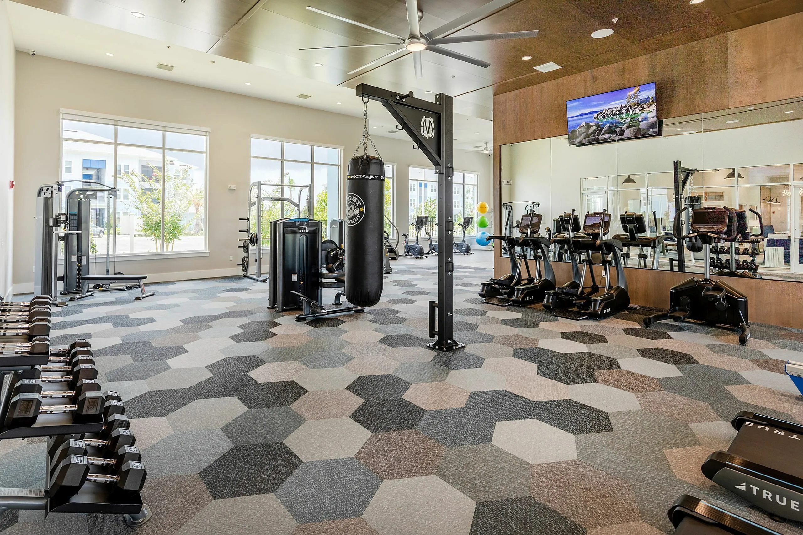 Modern fitness center with state-of-the-art equipment, spacious workout areas, and large windows for natural light.