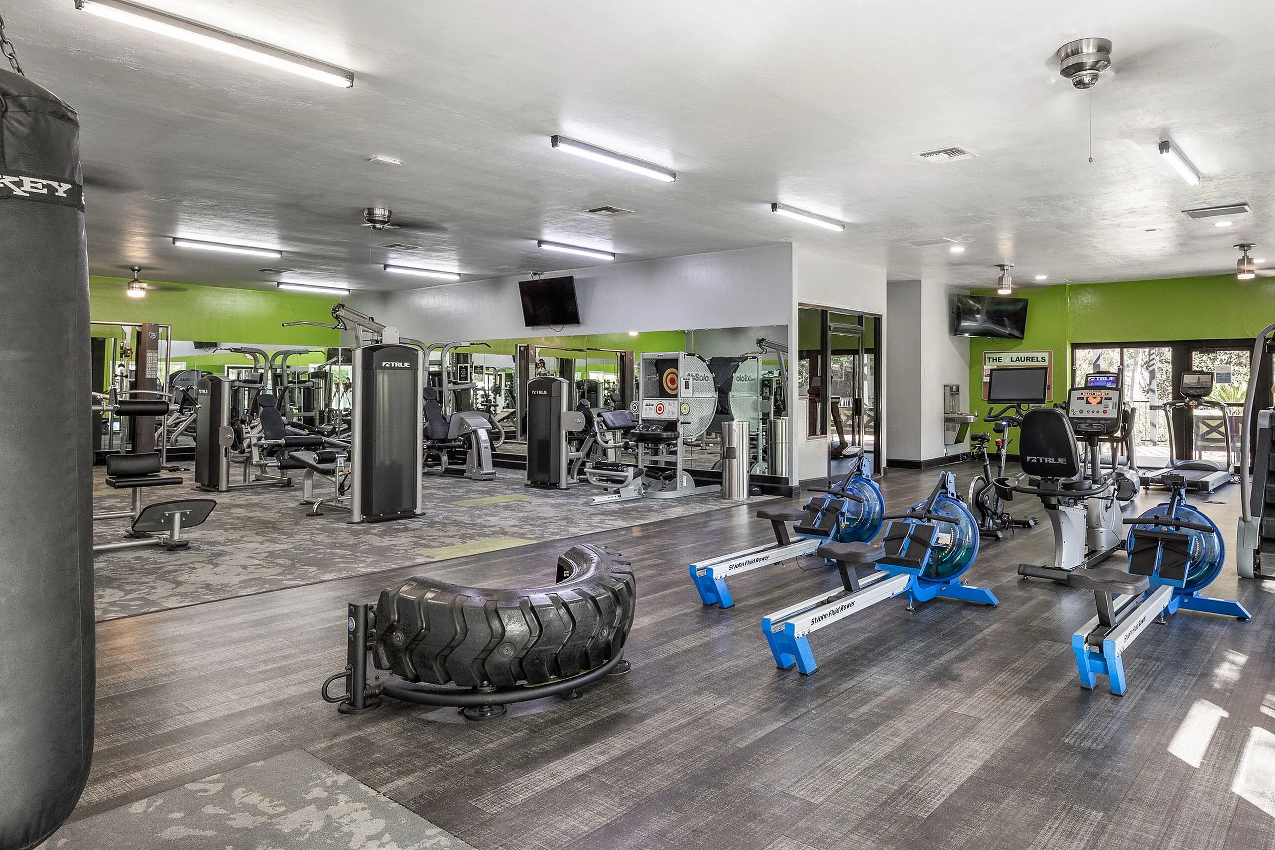 Modern fitness center featuring state-of-the-art exercise equipment, vibrant green accents, and ample natural light.