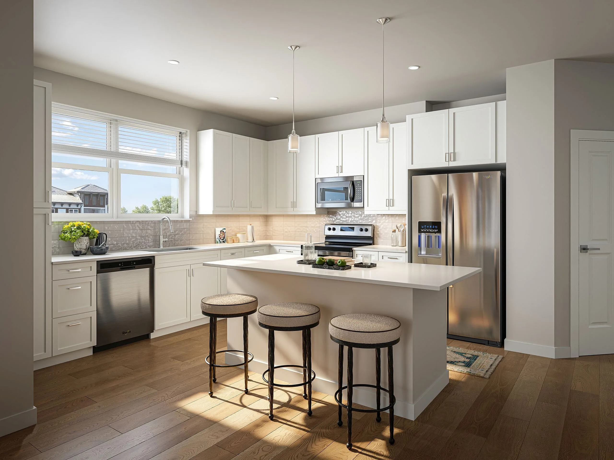 Chic modern kitchen with white cabinets, stainless steel appliances, and a cozy island with barstools, perfect for entertaining.