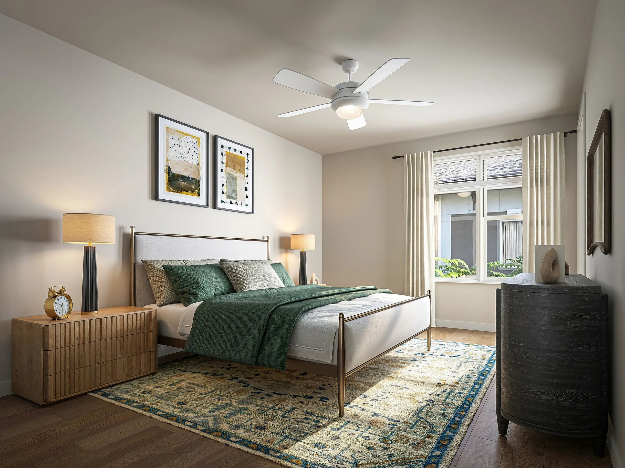 Inviting bedroom featuring elegant decor, comfy bed with green accents, abundant natural light through a wide window, and sleek modern furniture.