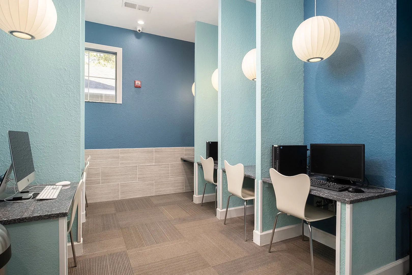 Modern workspace with vibrant blue walls, individual desks featuring computers, and chic white chairs, perfect for productive sessions.
