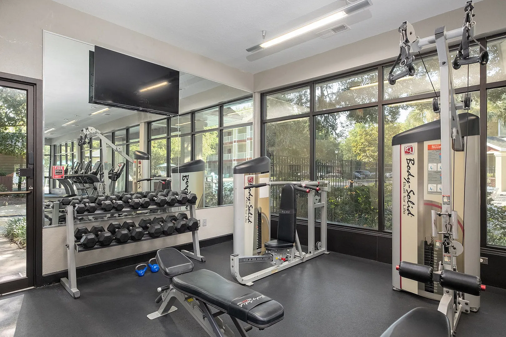 Modern fitness center with state-of-the-art equipment, large windows offering scenic outdoor views, and abundant natural light.