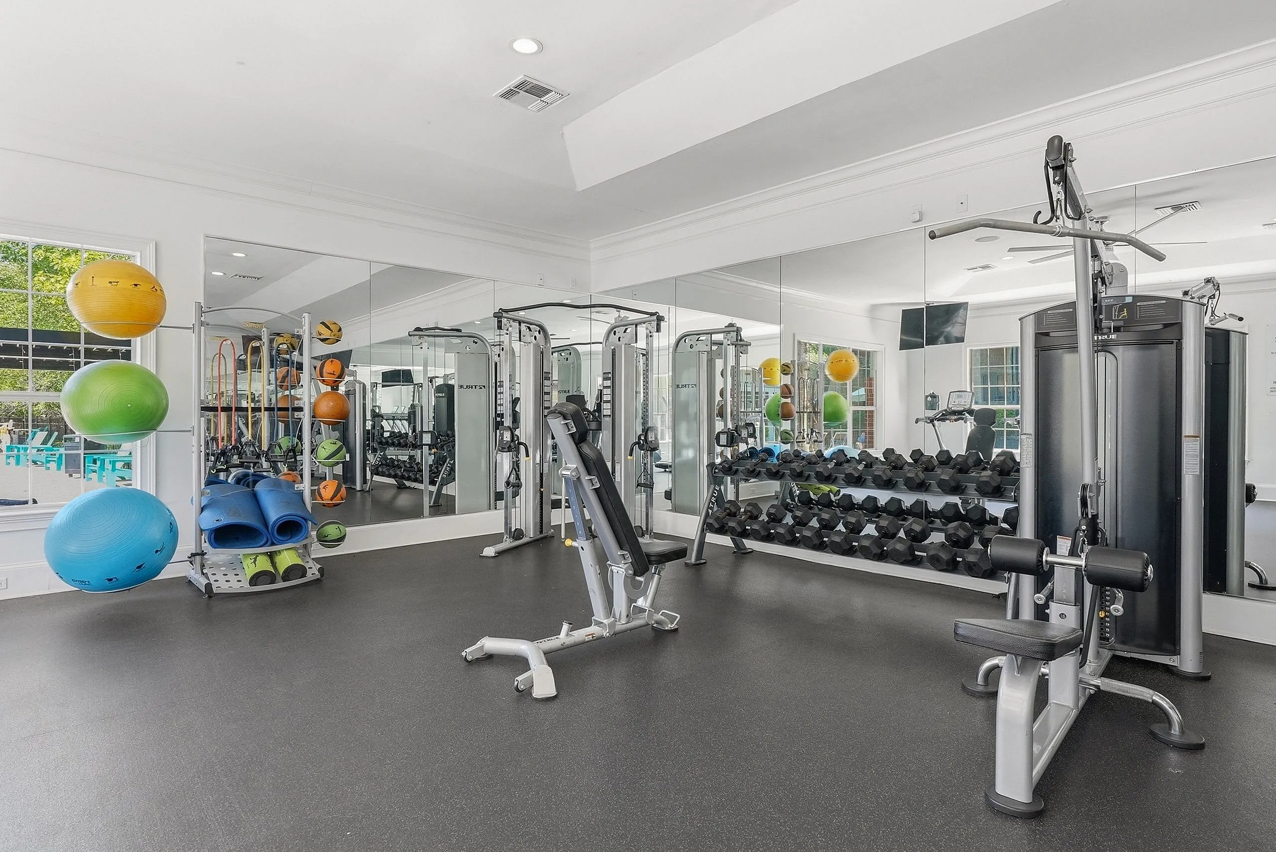 Modern fitness center with sleek equipment, vibrant exercise balls, and ample natural light.