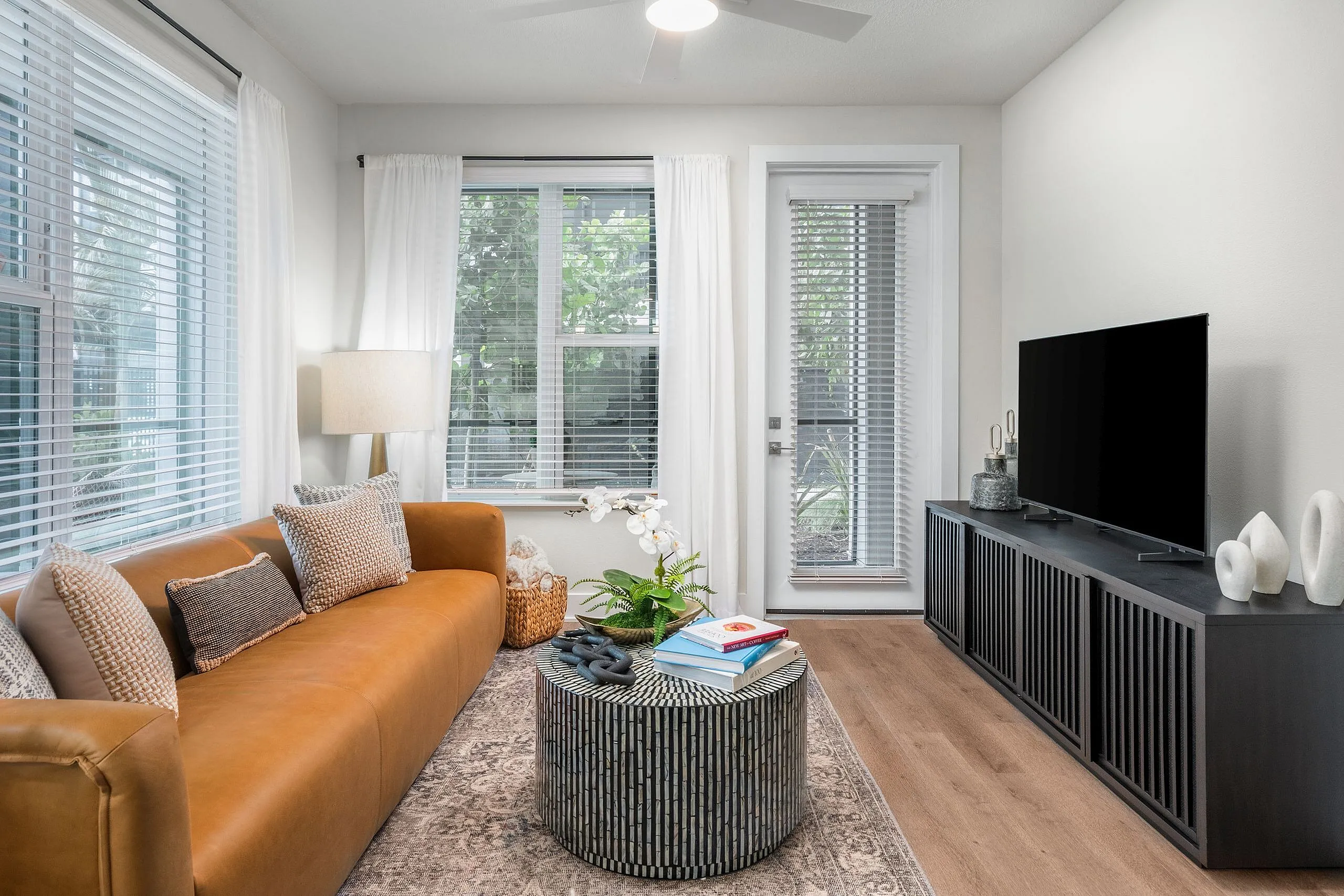 Chic modern living room with a stylish leather sofa, sleek coffee table, and large TV console, illuminated by natural light through expansive windows.