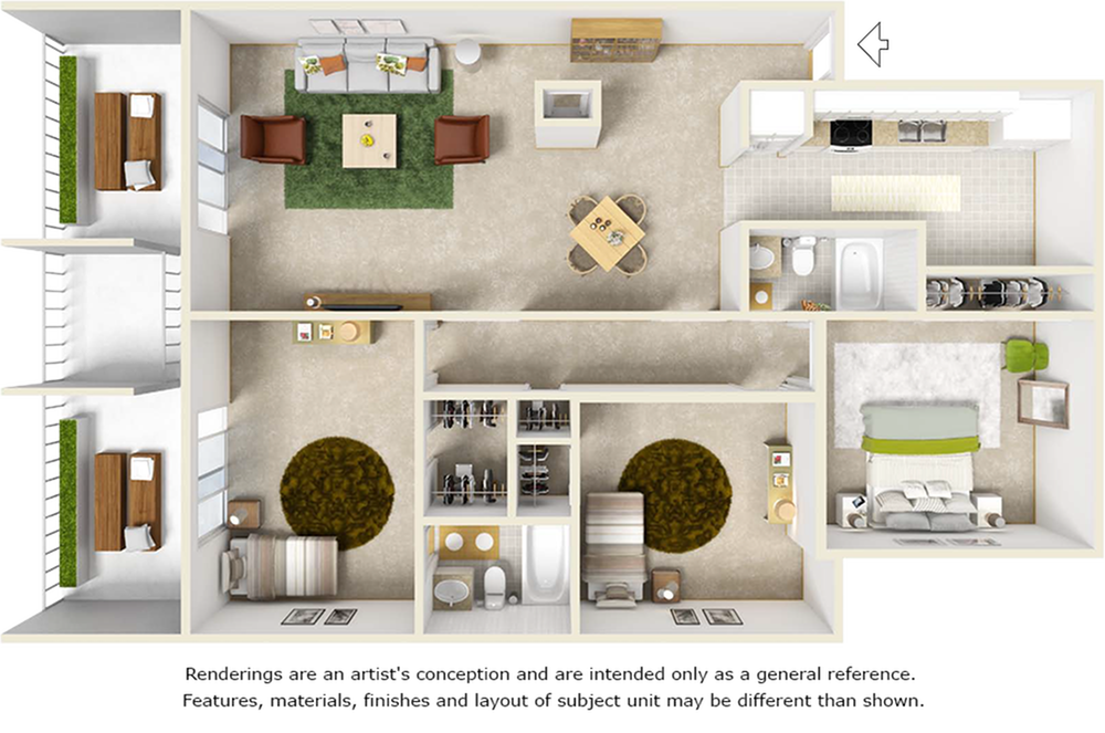 Heron floor plan with 3 bedroom, 2 bathrooms and a fireplace