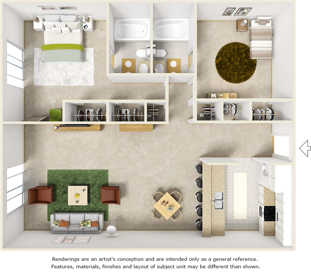Bluegill floor plan with 2 bedrooms, 2 bathrooms and wood style flooring