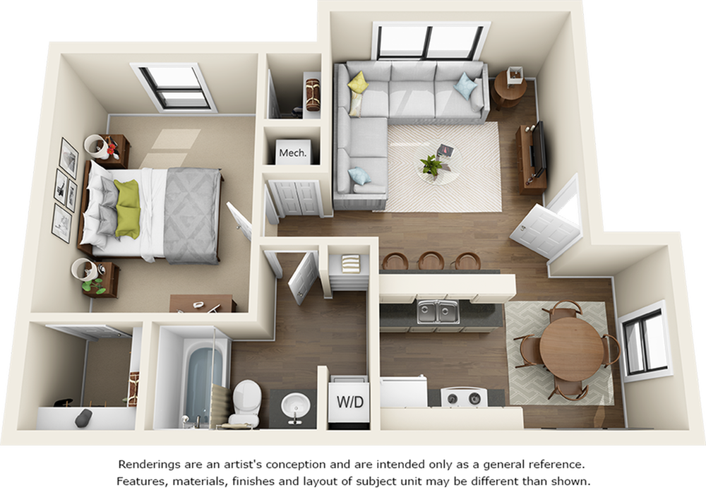 Dogwood 1 bedroom 1 bathroom floor plan with premium finishes and granite countertops