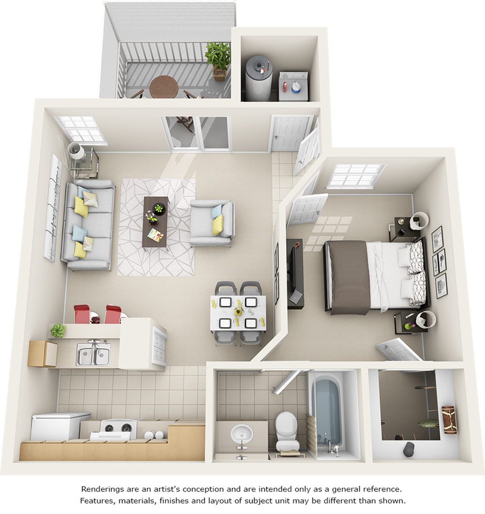 Sago 1 bedroom 1 bathroom floor plan with quartz counter tops