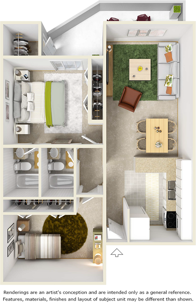 Seminole 2 bedrooms and 2 bathrooms floor plan with premium wood style flooring in common area