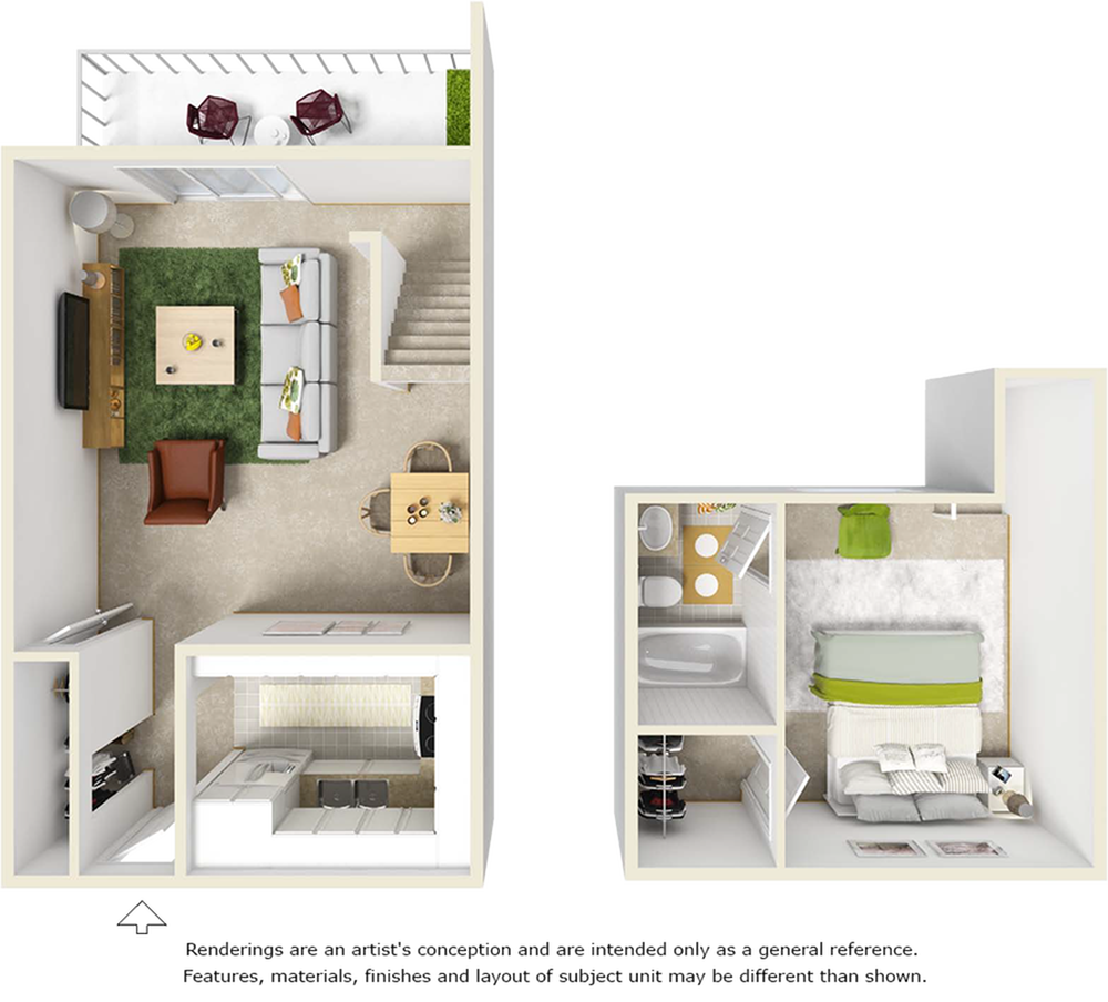 Ravine floor plan with 1 bedroom, 1 bathroom and premium wood style flooring