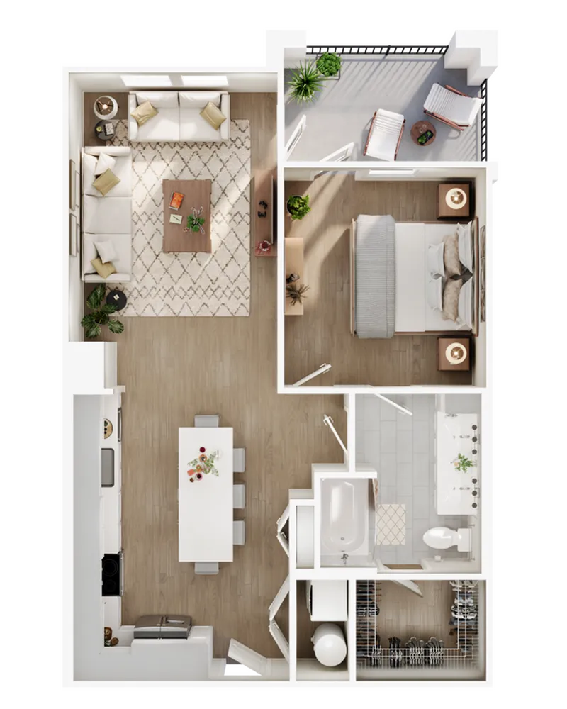 Chic one-bedroom apartment floor plan featuring a spacious living room, inviting balcony, modern kitchen, and stylish bathroom.