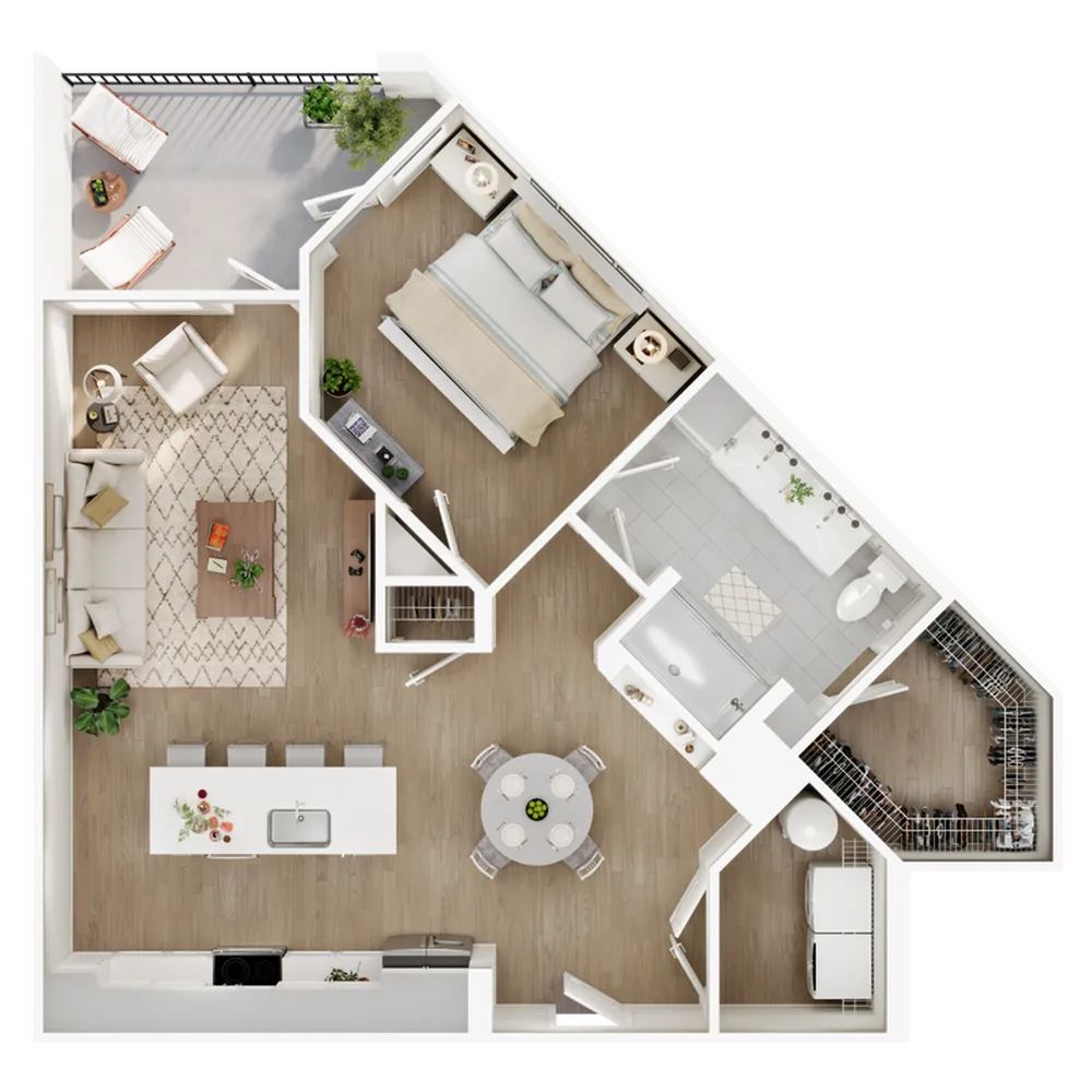Stylish open-concept one-bedroom apartment floor plan with spacious living area, modern kitchen, and private balcony.