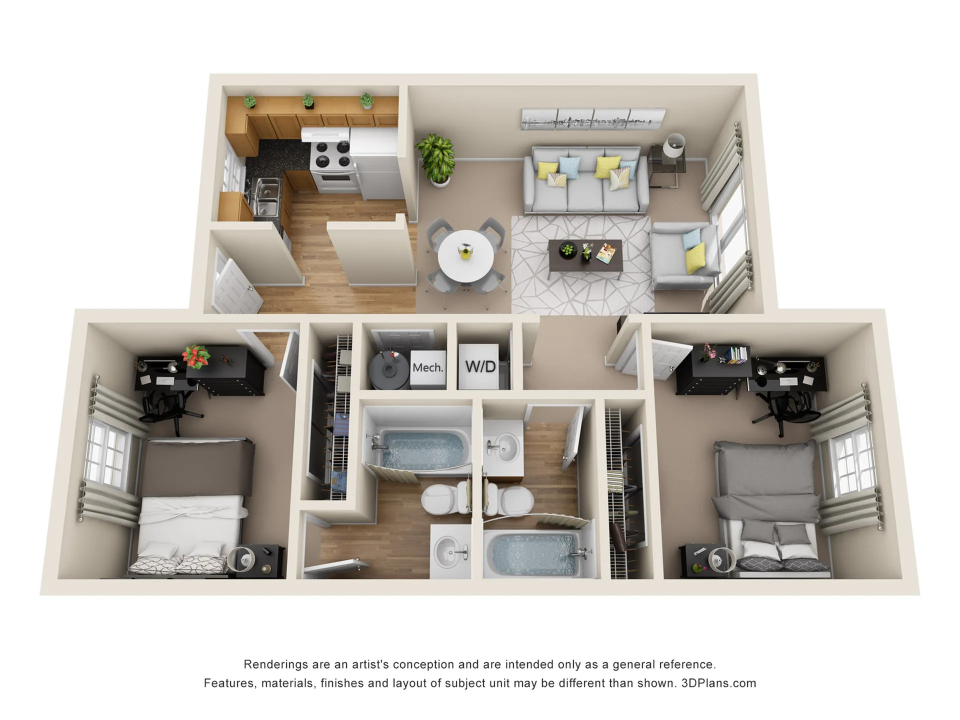 Chic 3D floor plan showcasing a modern 2-bedroom apartment with spacious living area, stylish kitchen, and dual bathrooms, ideal for contemporary living.