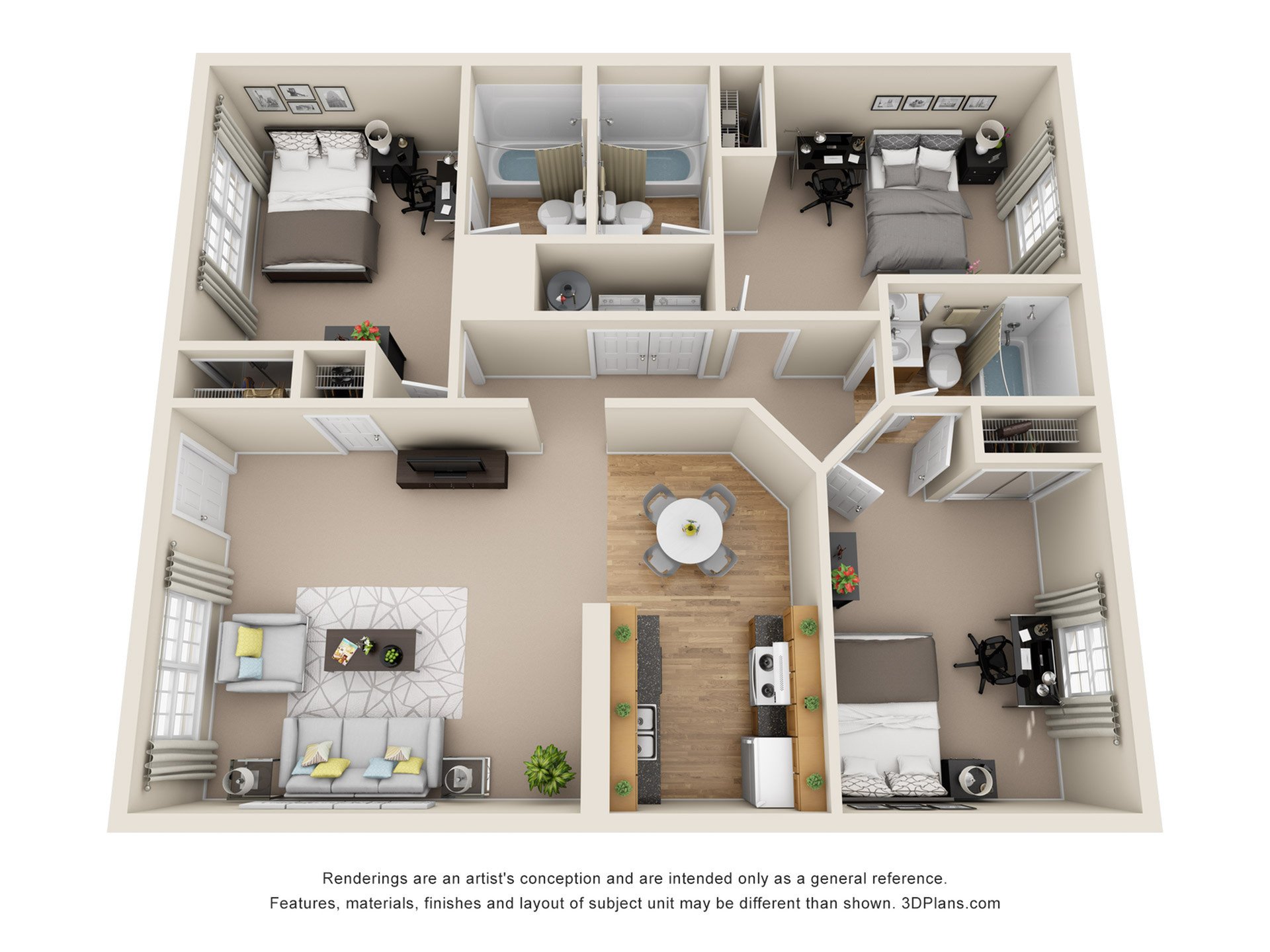 Modern 3D floor plan featuring 2 spacious bedrooms, open-concept living and dining area, sleek kitchen, and 2 stylish bathrooms.