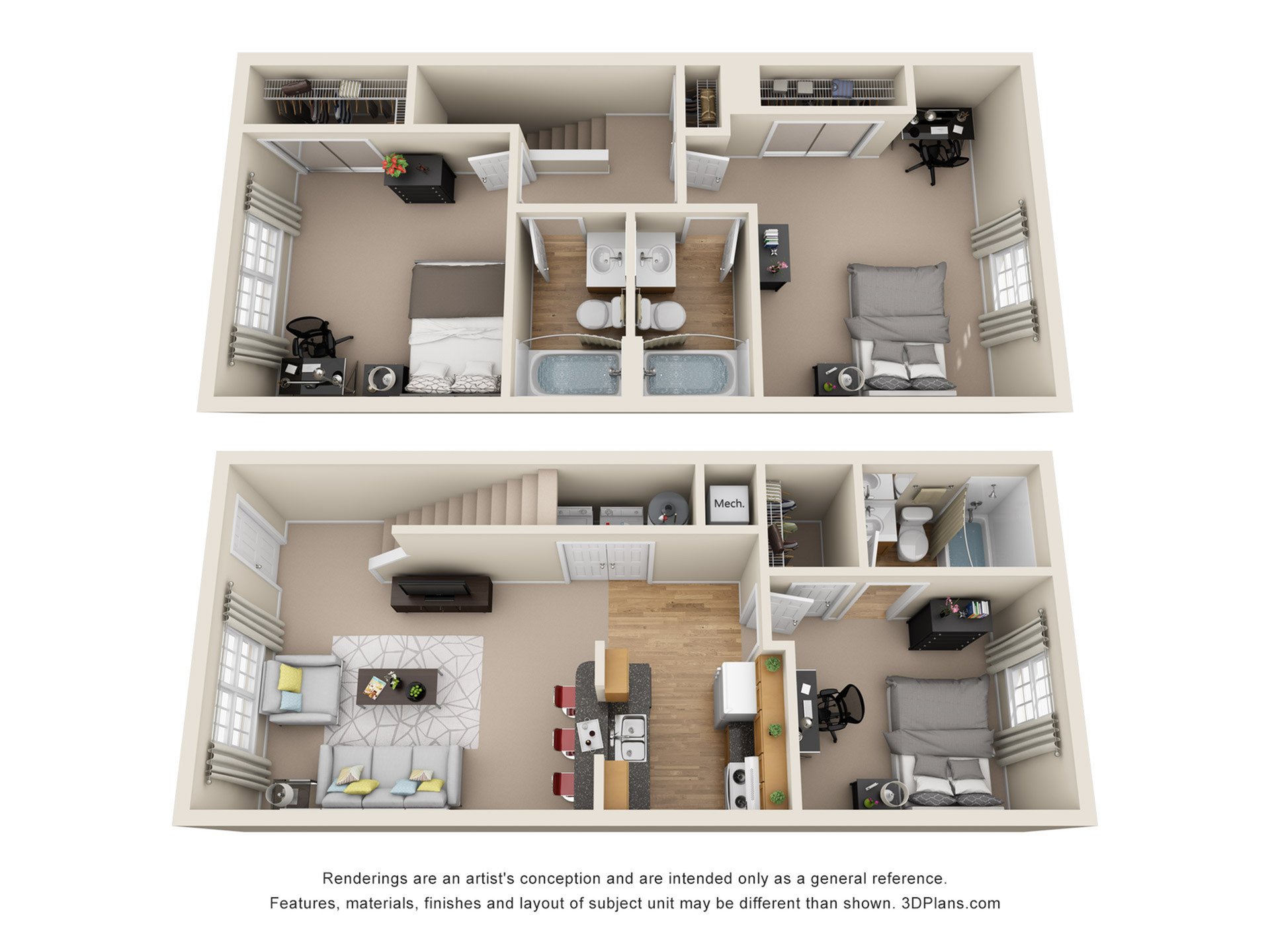 Charming 3D floor plan of a two-story apartment featuring 2 bedrooms, 1 bathroom, a stylish living area, and a modern kitchen layout.