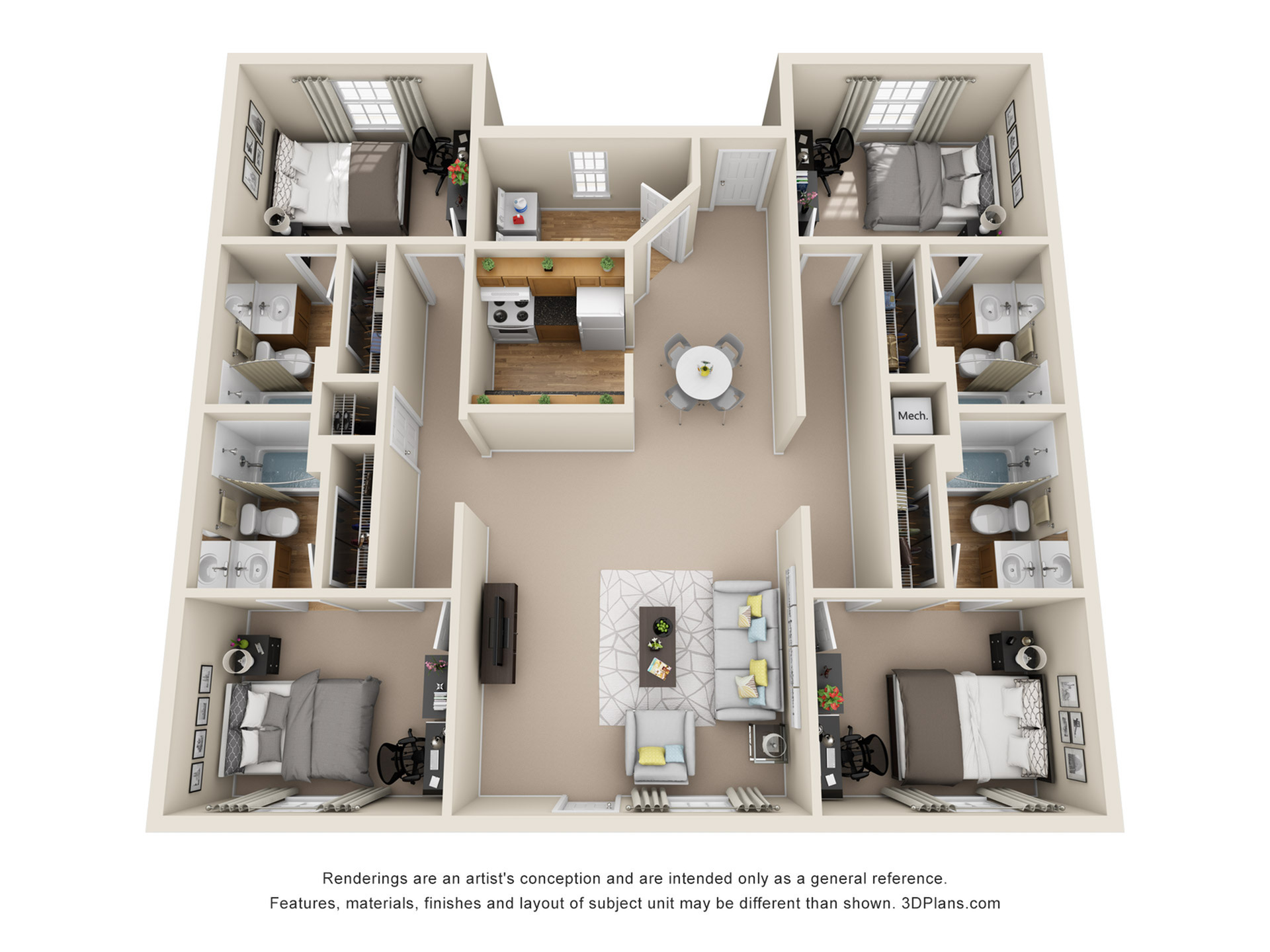 Contemporary 3D floor plan featuring 3 bedrooms, a modern kitchen, and a cozy living area with abundant natural light.