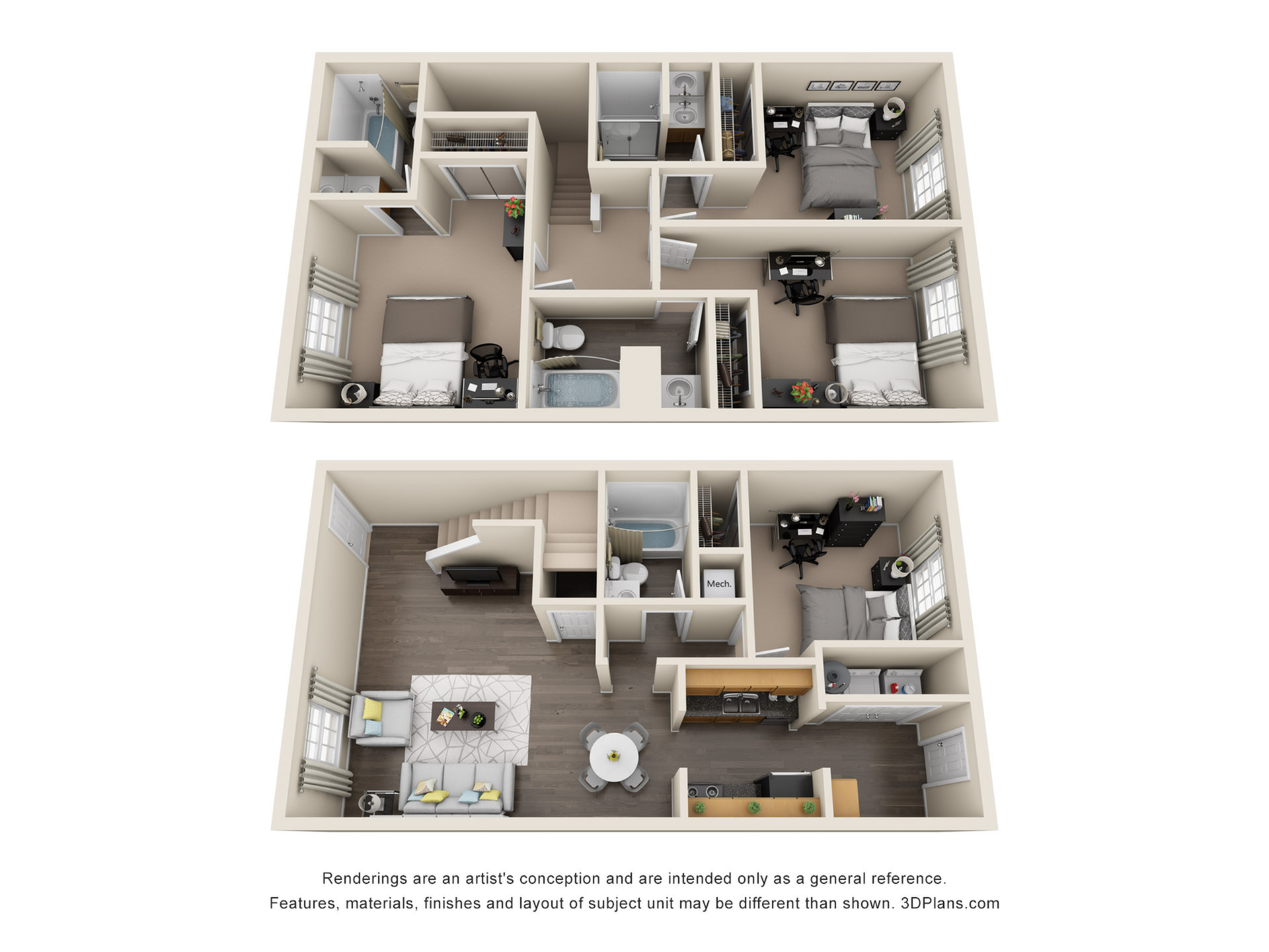 Modern 3D floor plan showcasing a two-story design with 3 bedrooms, open living space, and a stylish kitchen, perfect for family living.