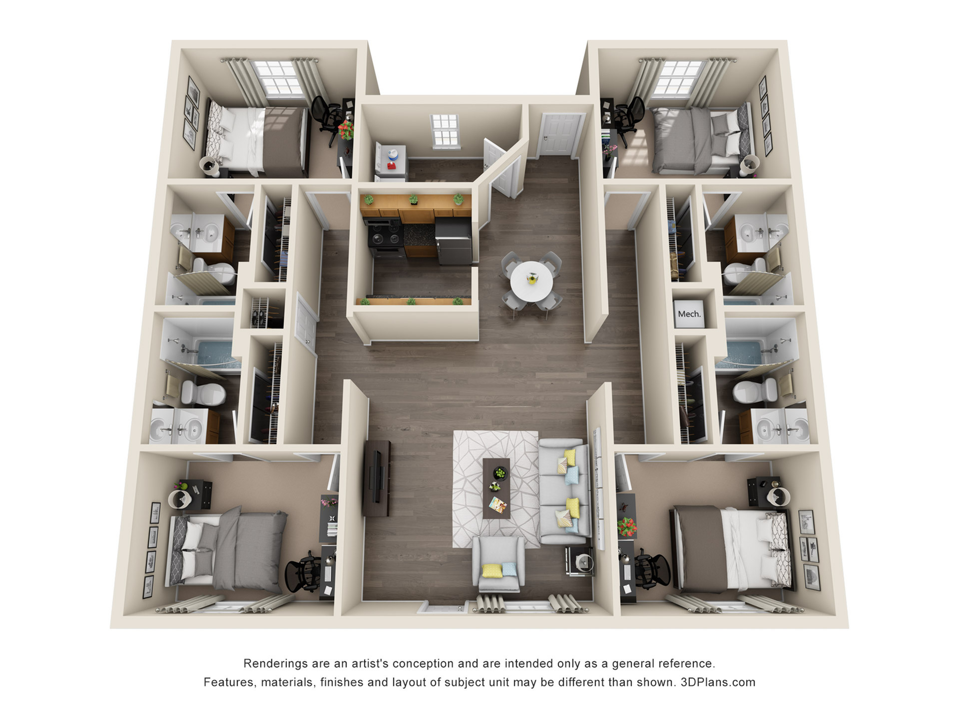 Modern 3D floor plan showcasing 3 bedrooms, 2 bathrooms, a centralized kitchen, and spacious living and dining areas.