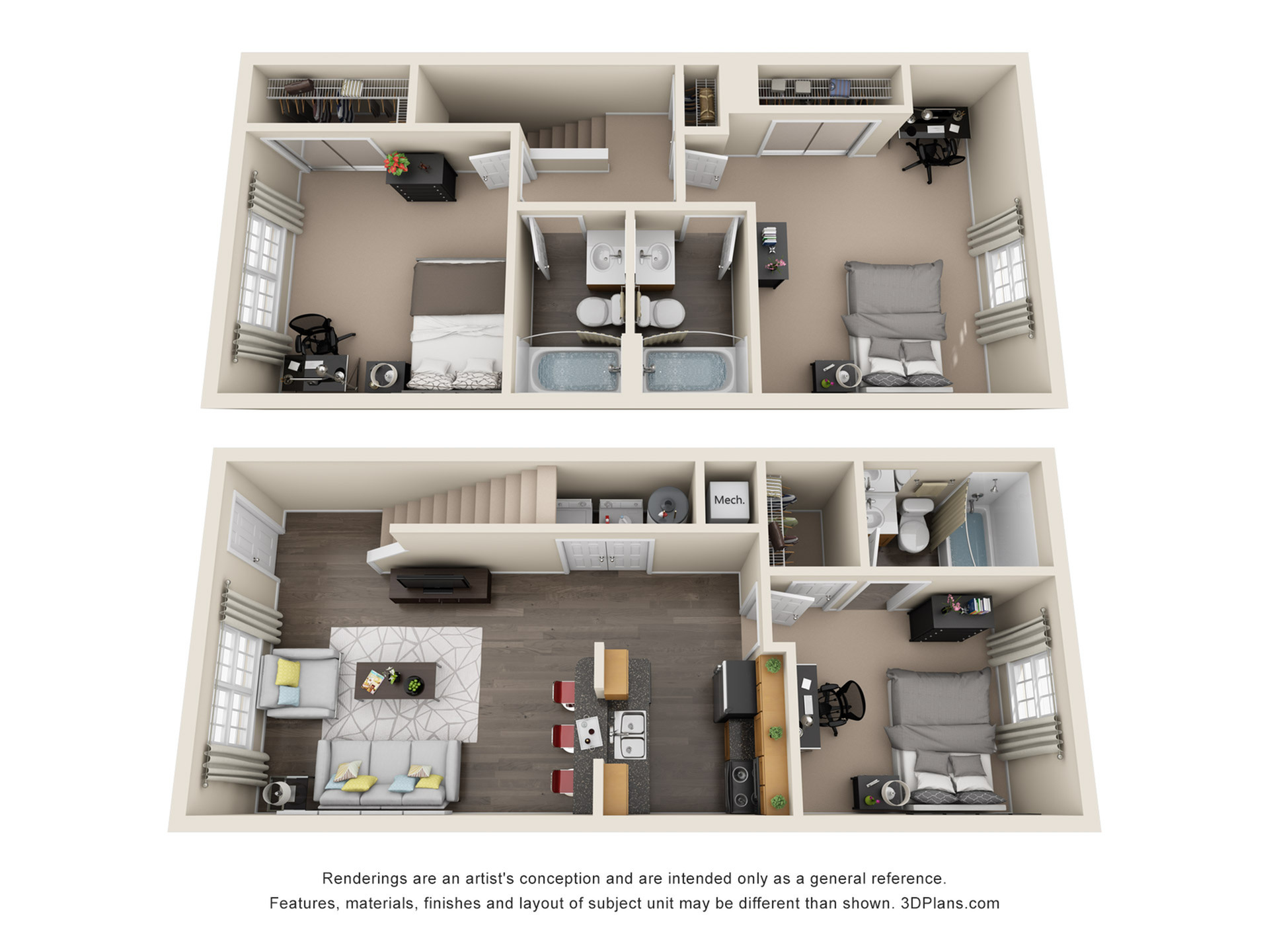 Charming 2-story floor plan showcasing 3 bedrooms, sleek open-concept living and dining area, modern kitchen with bar seating, and elegantly designed bathrooms.
