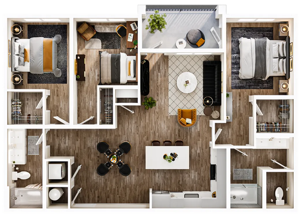 Modern 2D floor plan showcasing 2 bedrooms, an elegant living area, a stylish kitchen, and a cozy balcony.