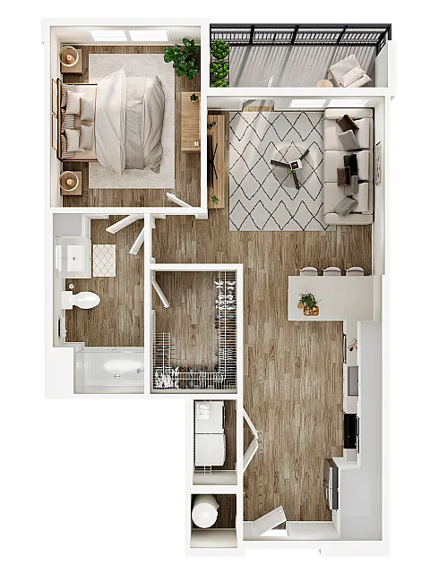 Chic apartment floor plan with a cozy bedroom, elegant living room, modern kitchen, and spacious balcony.