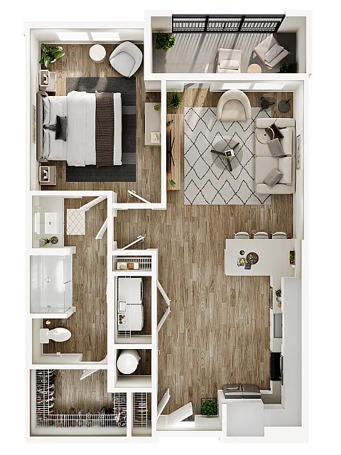 Contemporary 1-bedroom apartment floor plan featuring a spacious living area, modern kitchen, and private balcony.