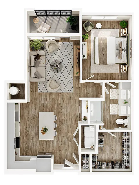 Modern floor plan showcasing 1 bedroom, open-concept living and dining area, sleek kitchen, stylish bathroom, and private balcony.