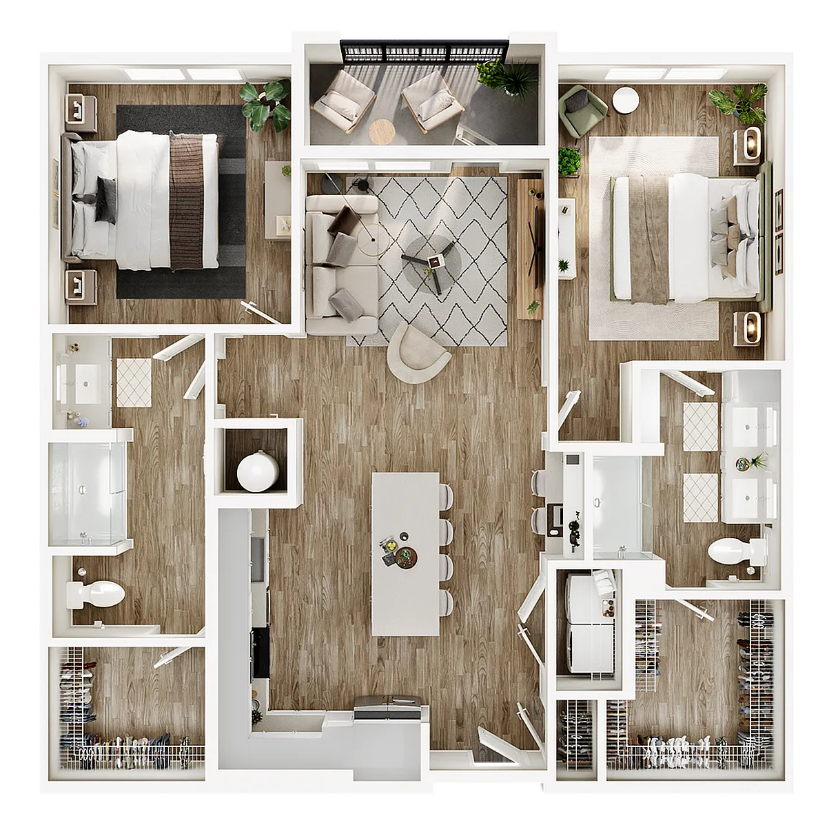 Modern 2D floor plan showcasing two bedrooms, a chic open living area, a spacious kitchen with island, and a private balcony.