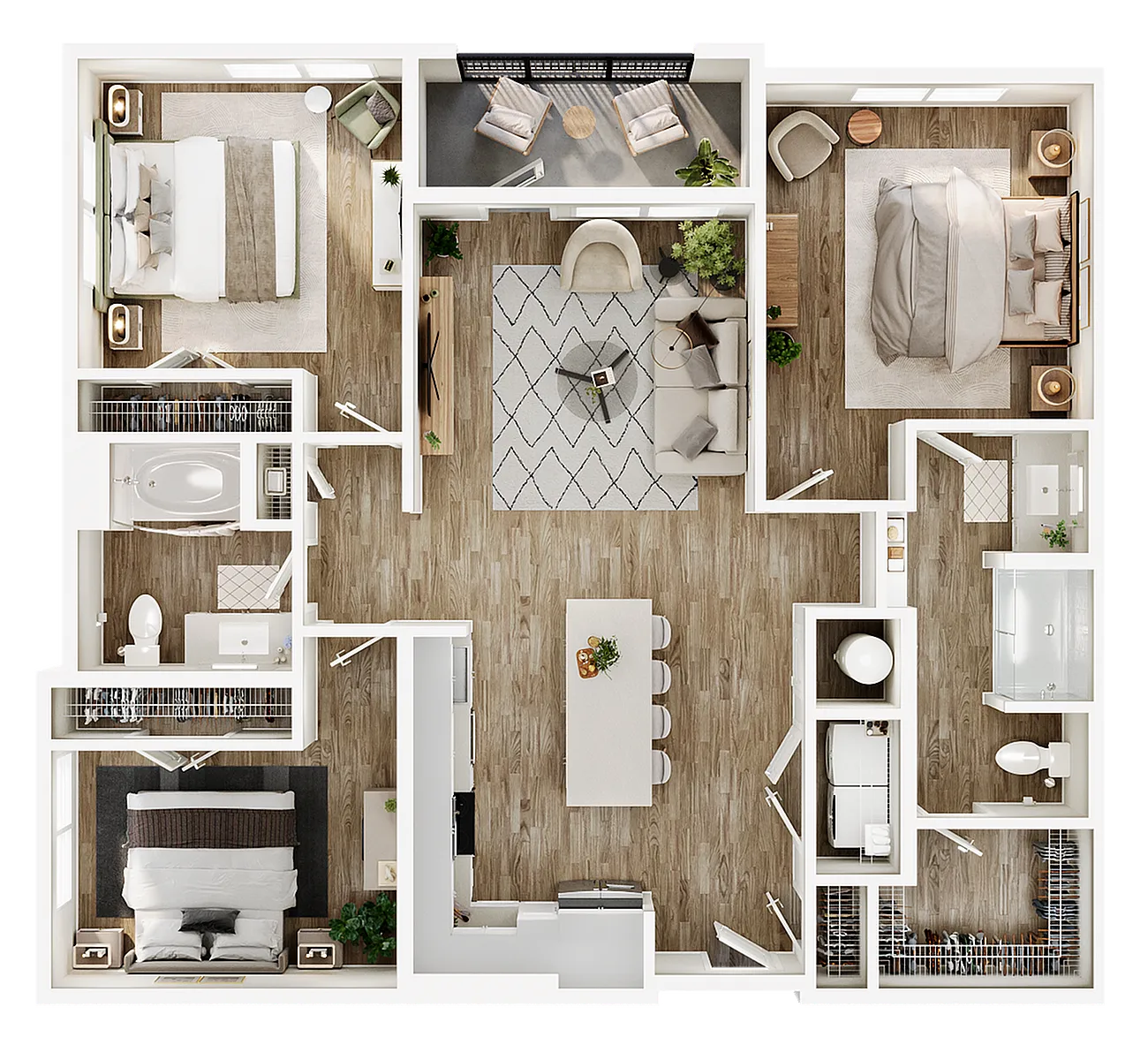 Contemporary 3-bedroom apartment floor plan with open living area, sleek kitchen island, and two modern bathrooms.