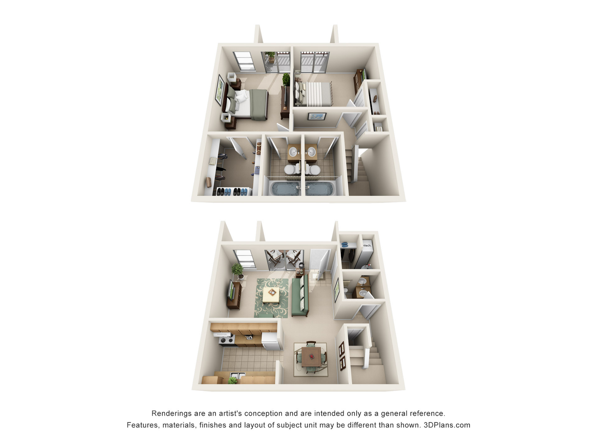 Modern 3D floor plan of a stylish duplex apartment featuring two bedrooms, a cozy living room, spacious kitchen, and elegant bathrooms.