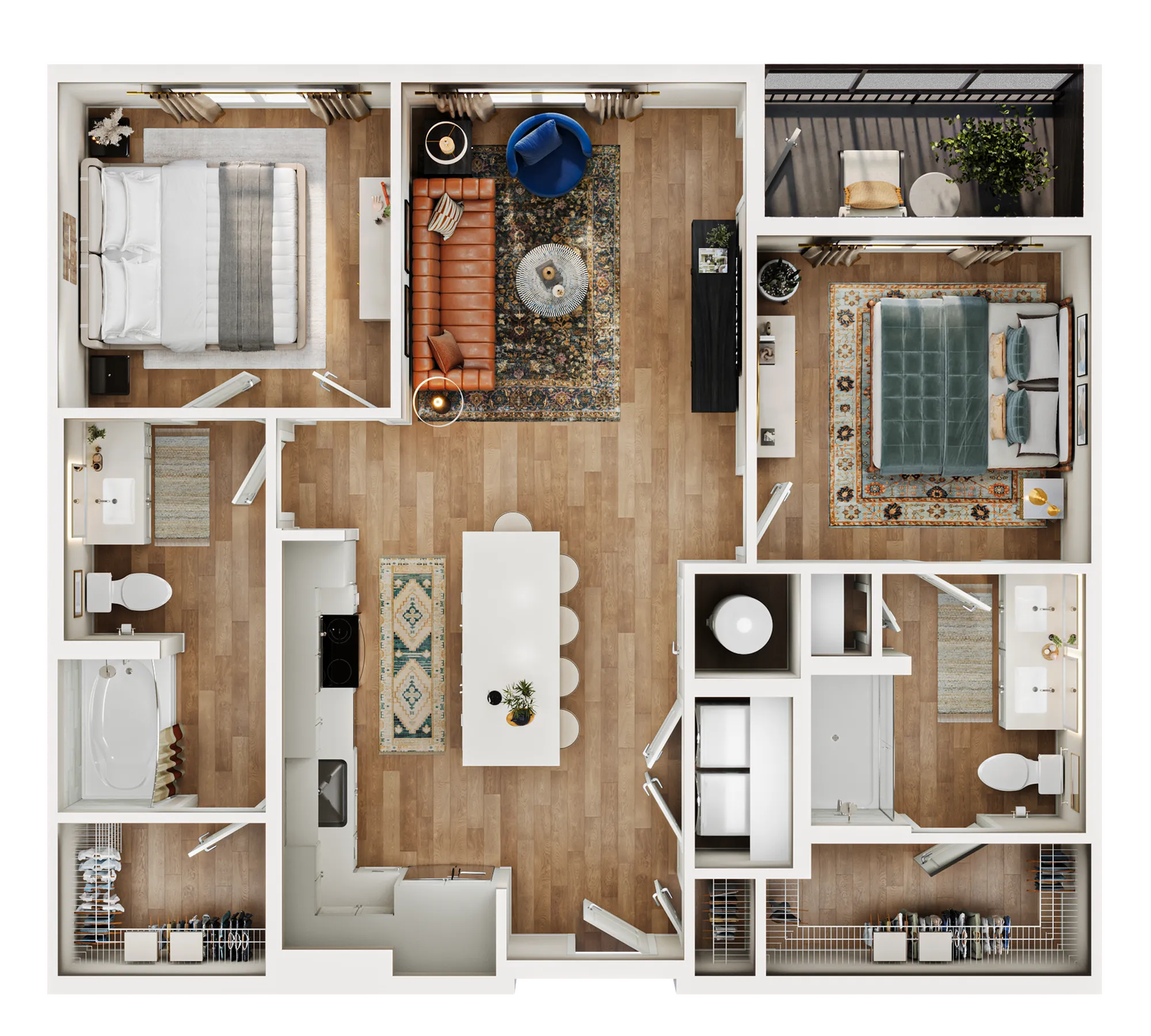 Chic floor plan showcasing a modern 2-bedroom apartment with open-concept living area, stylish kitchen, and private balcony.
