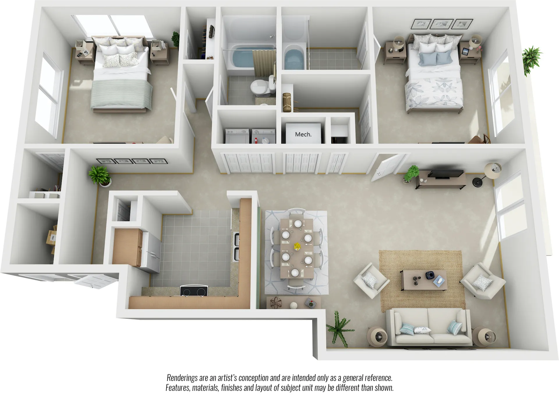 Contemporary 3D floor plan featuring two spacious bedrooms, a modern kitchen, and an elegant open-concept living and dining area.