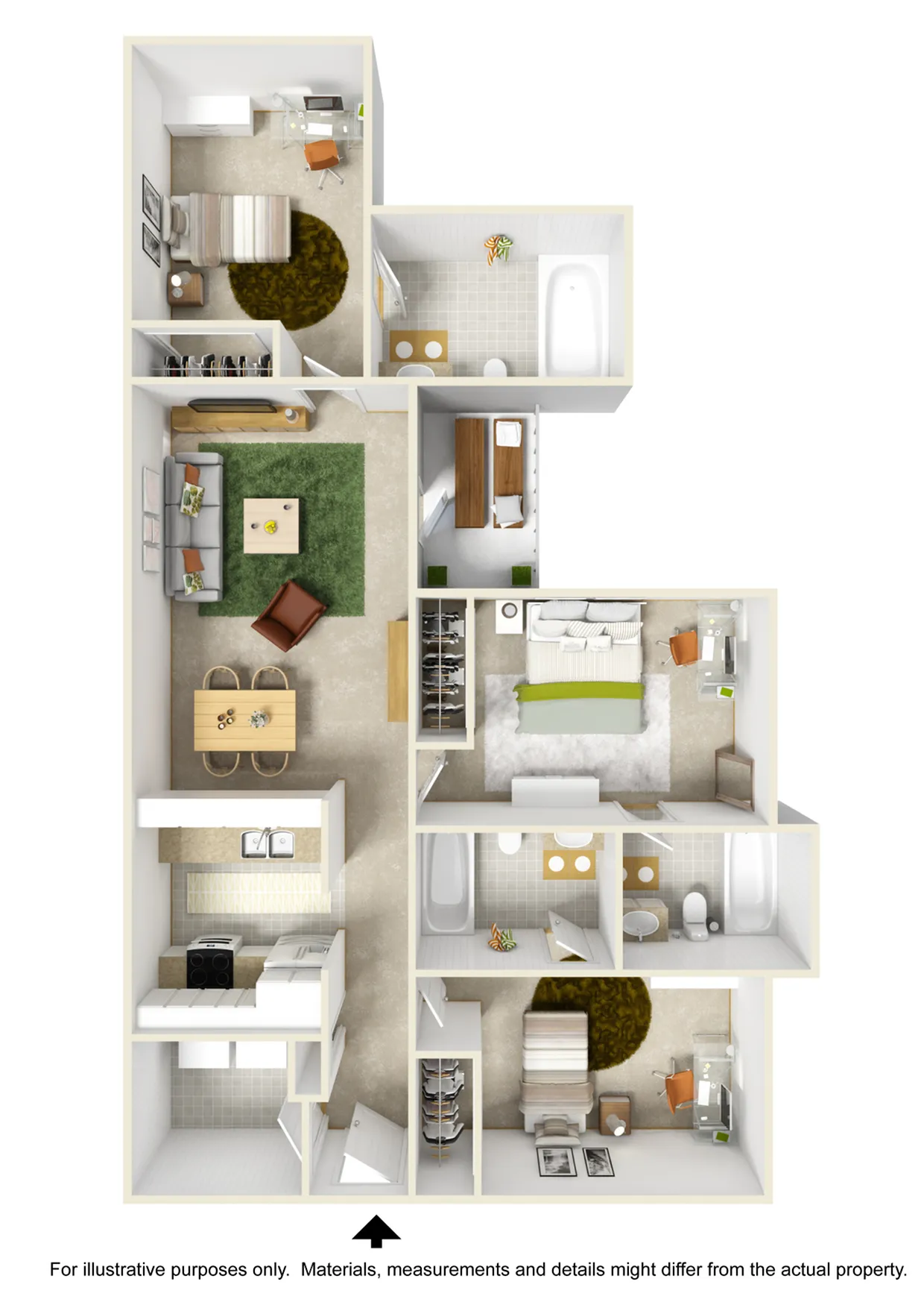 Modern 3D floor plan showcasing 3 bedrooms, open living-dining area, and fully equipped kitchen, perfect for family living.