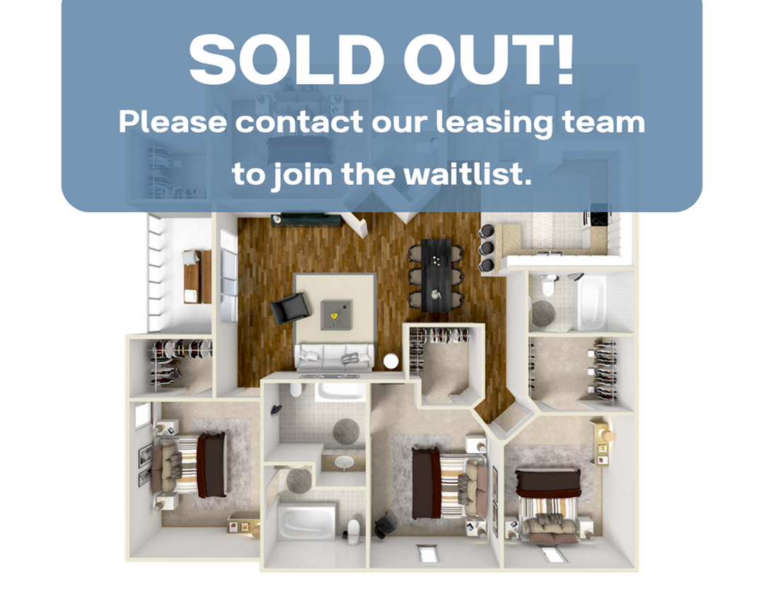 Modern 3D floor plan displaying 3 bedrooms, inviting living room, cozy dining area, and well-equipped kitchen, all in an efficient layout. Note: Fully booked, contact for waitlist options.