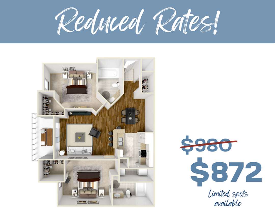 Chic 3D floor plan displaying 2 bedrooms, a stylish open-concept living area, and modern kitchen at reduced rates of $872.