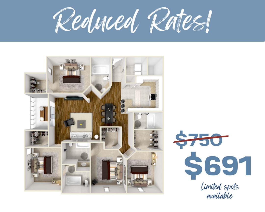 Chic 3D floor plan showcasing spacious 3-bedroom apartment with open living and dining area at a reduced rate of $691, limited availability.