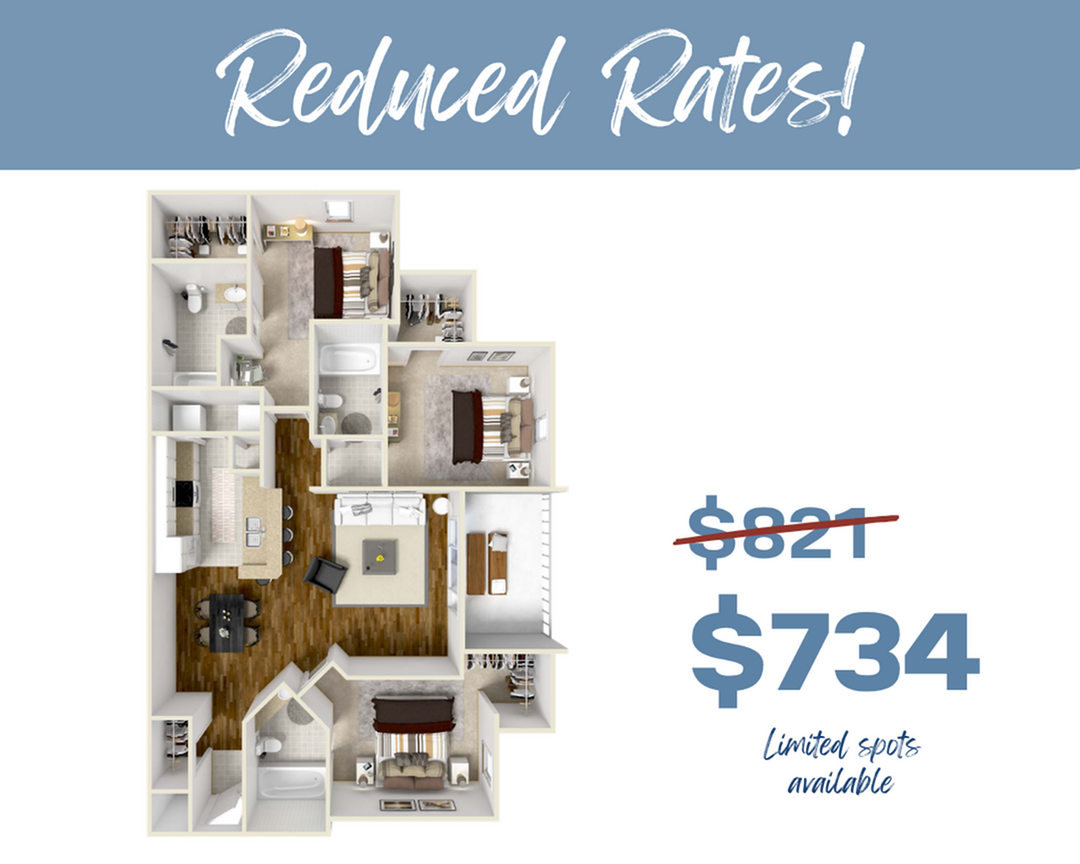 Luxurious 3D floor plan showcasing 3 spacious bedrooms, modern kitchen with island, and cozy living area. Reduced rates offer savings on stylish living spaces. Limited spots available.