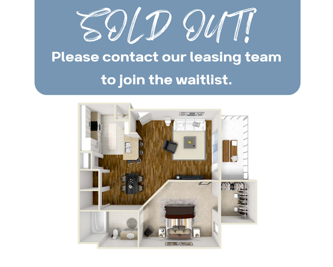 Inviting 3D floor plan showing a one-bedroom apartment with a modern kitchen, cozy living room, spacious bedroom, and elegant bathroom. Perfect blend of style and functionality.