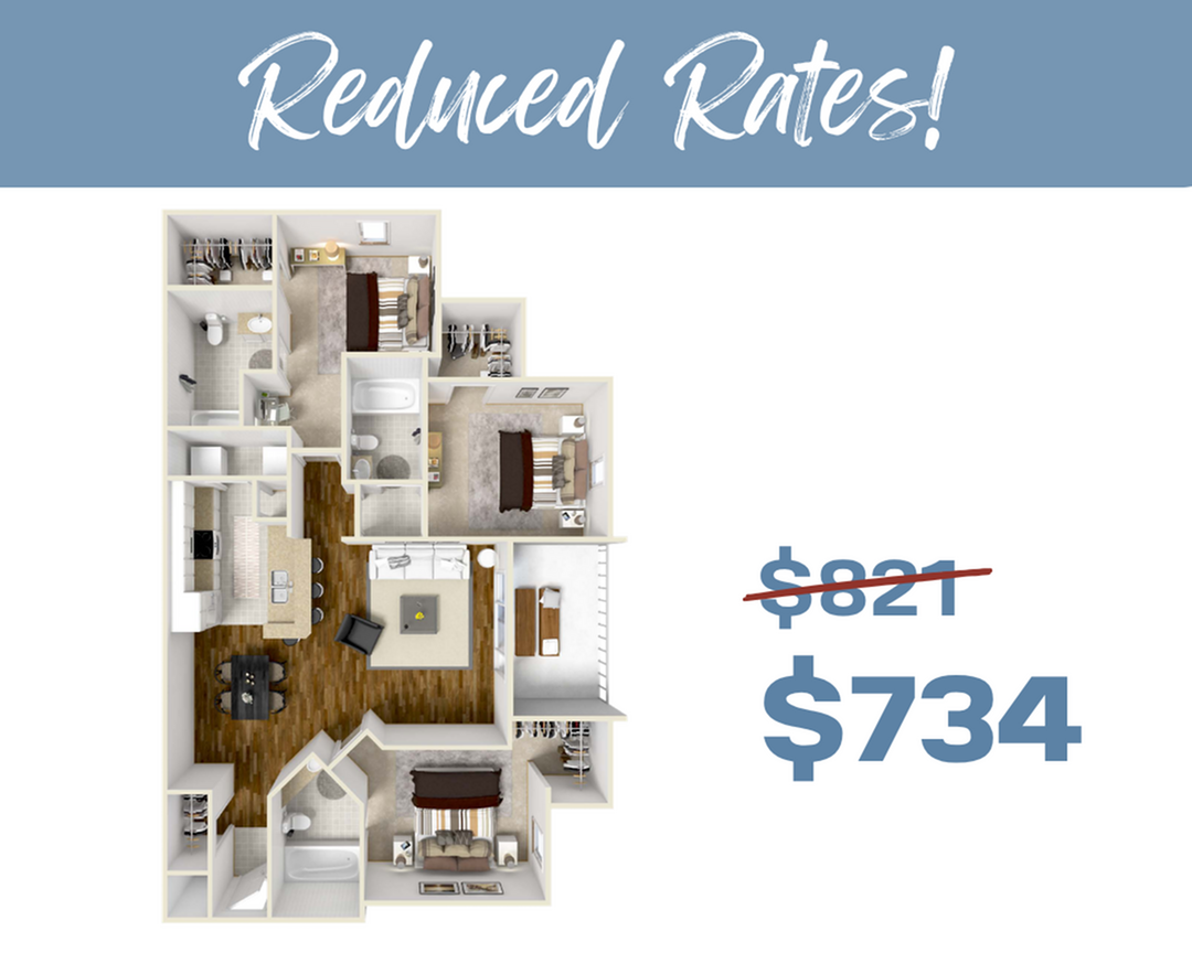 Inviting 3D floor plan featuring 3 bedrooms, open living area, modern kitchen, and two bathrooms with reduced rates from $821 to $734.
