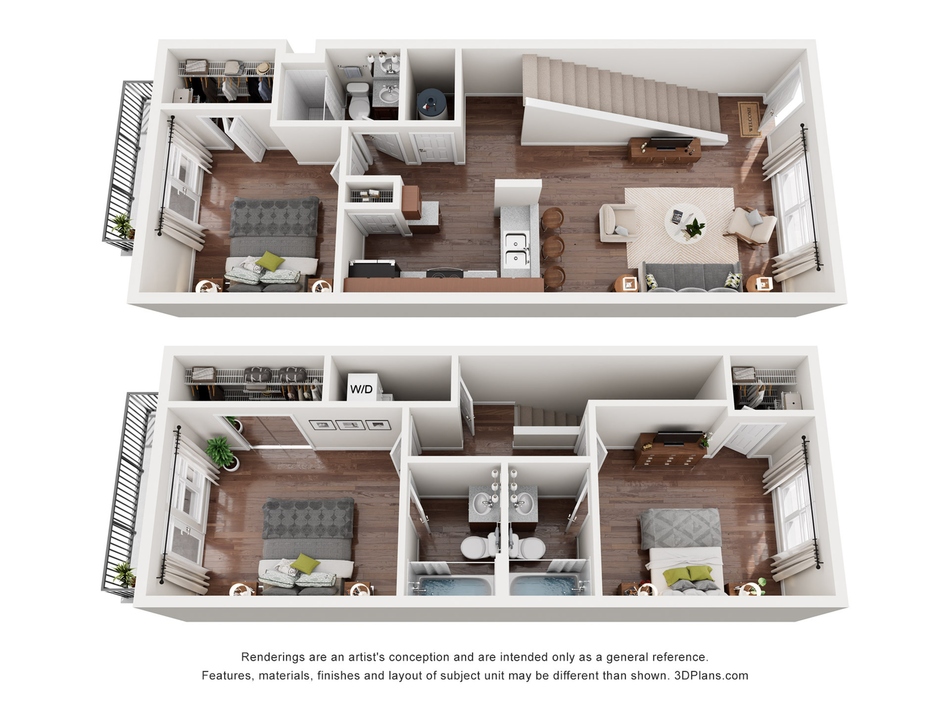 Chic duplex floor plan showcasing 2 bedrooms, spacious living area, open kitchen, and modern bathrooms with elegant interiors.
