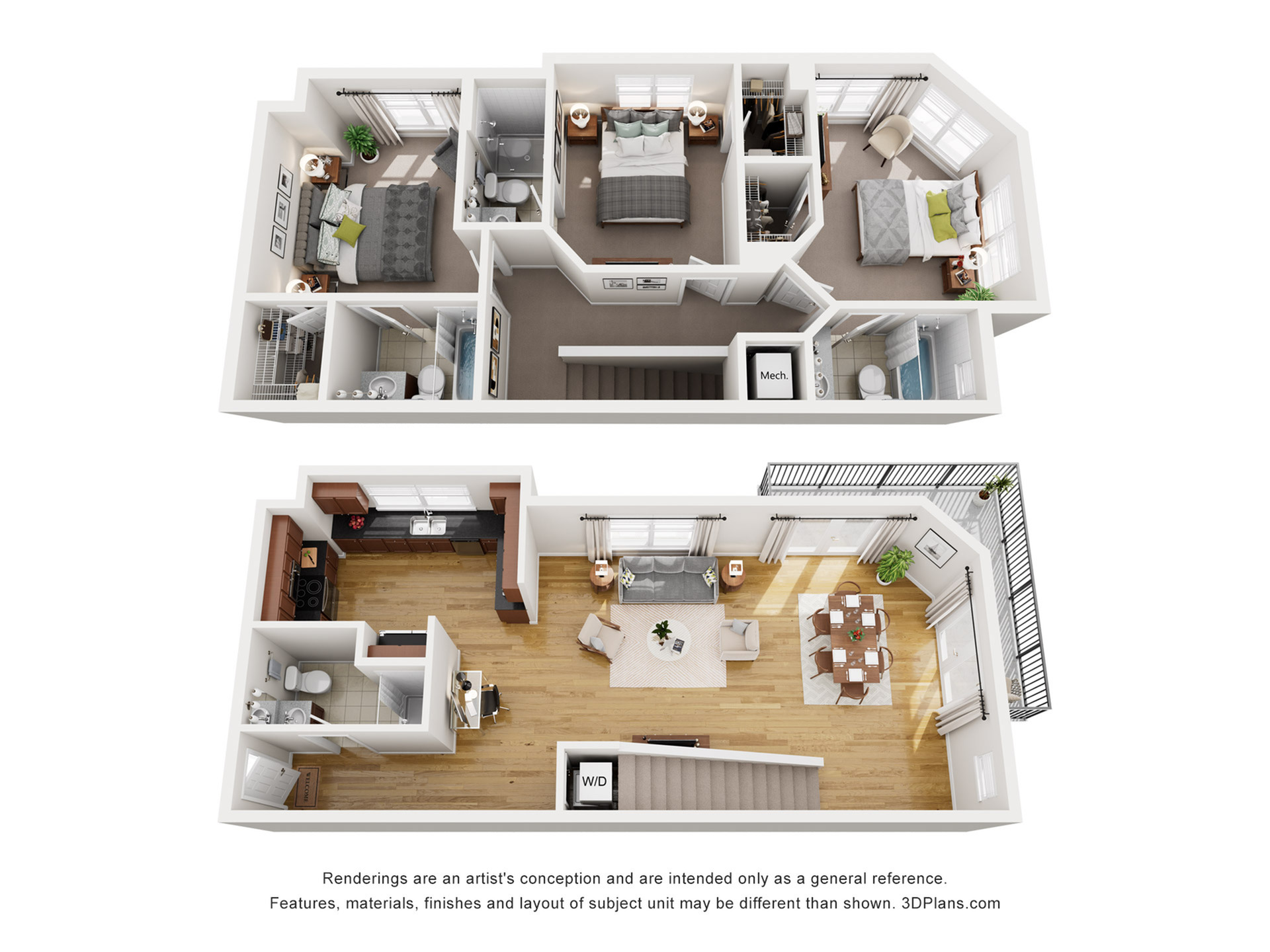 Chic two-level apartment floor plan featuring three bedrooms, open-concept living and dining area, modern kitchen, and private balcony for ultimate comfort and style.