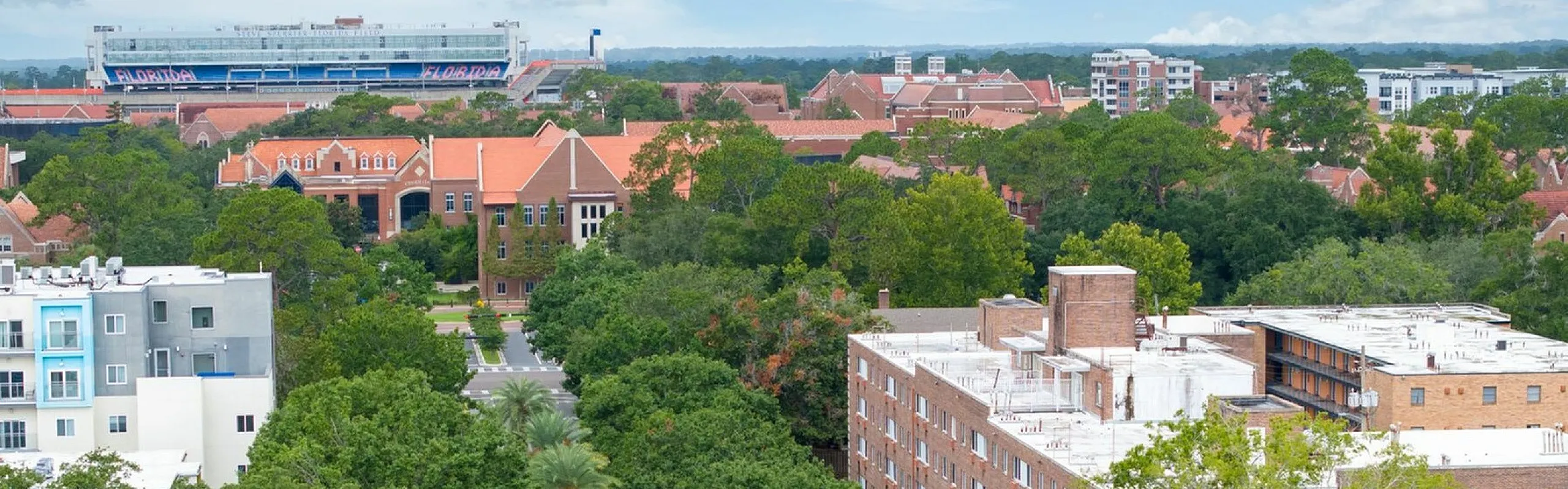 Aerial view of a vibrant, tree-lined neighborhood with modern and traditional buildings, showcasing a lush green landscape and clear blue sky.