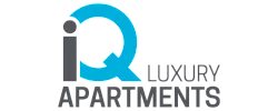 Modern iQ Luxury Apartments logo with a sleek blue design emphasizing elegance and sophistication.