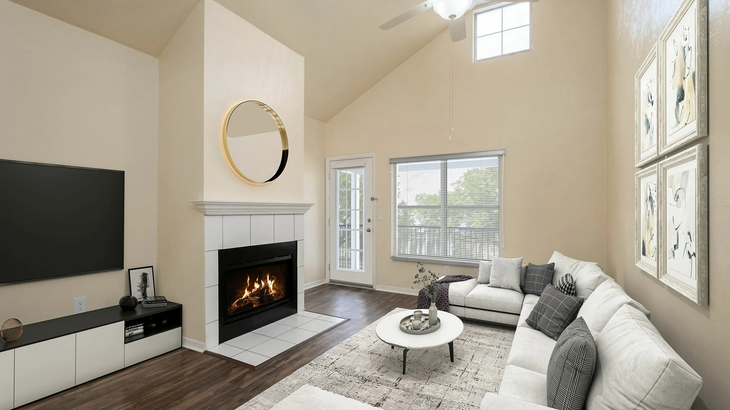 Inviting living room with a cozy fireplace, stylish sectional sofa, chic decor, and elegant glass door leading to natural light-filled tranquility.