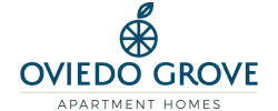 Elegant Oviedo Grove logo featuring a stylized orange design symbolizing vibrant, luxury apartment homes.