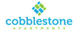Modern Cobblestone Apartments logo with vibrant blue and green geometric design.