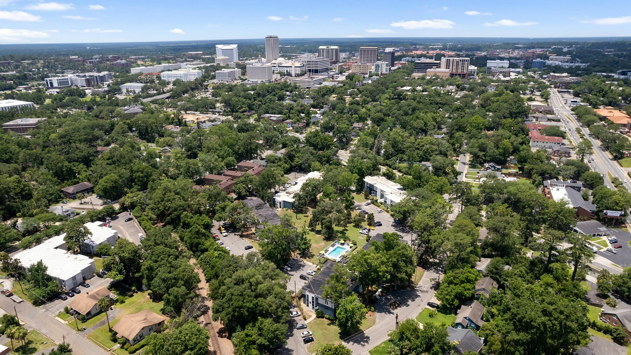 Vibrant aerial view of a lush, green residential neighborhood with city skyline in the background, showcasing a harmonious blend of nature and urban living.