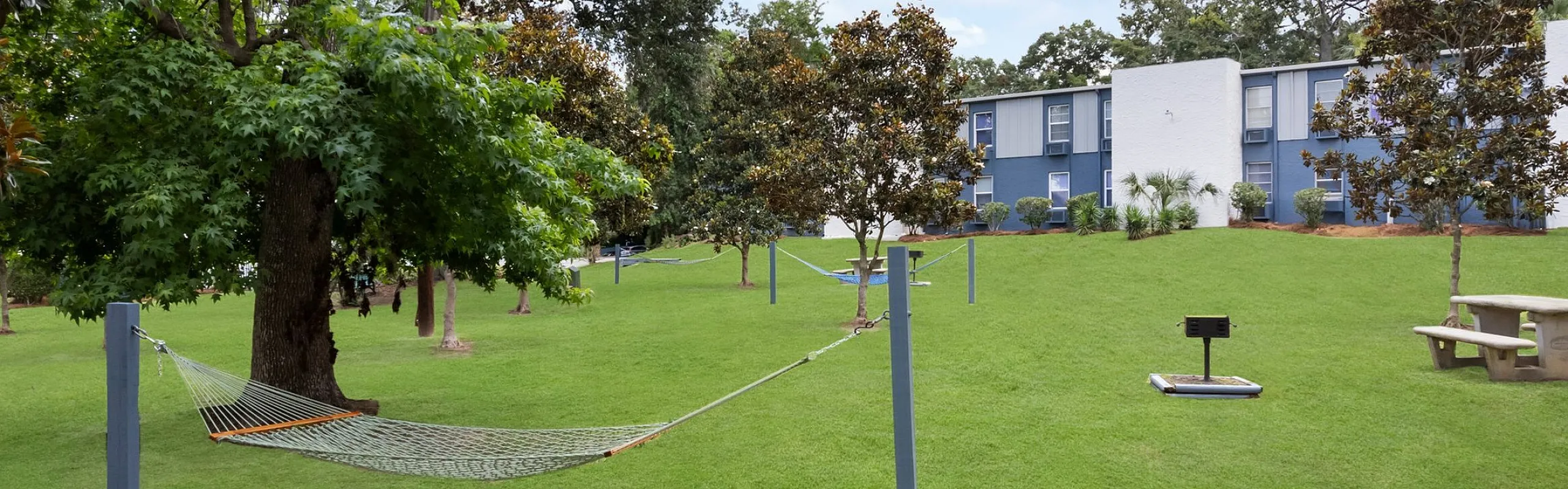 Tranquil outdoor space with a hammock, lush green lawn, and picnic area, perfect for relaxation beside modern apartment buildings.