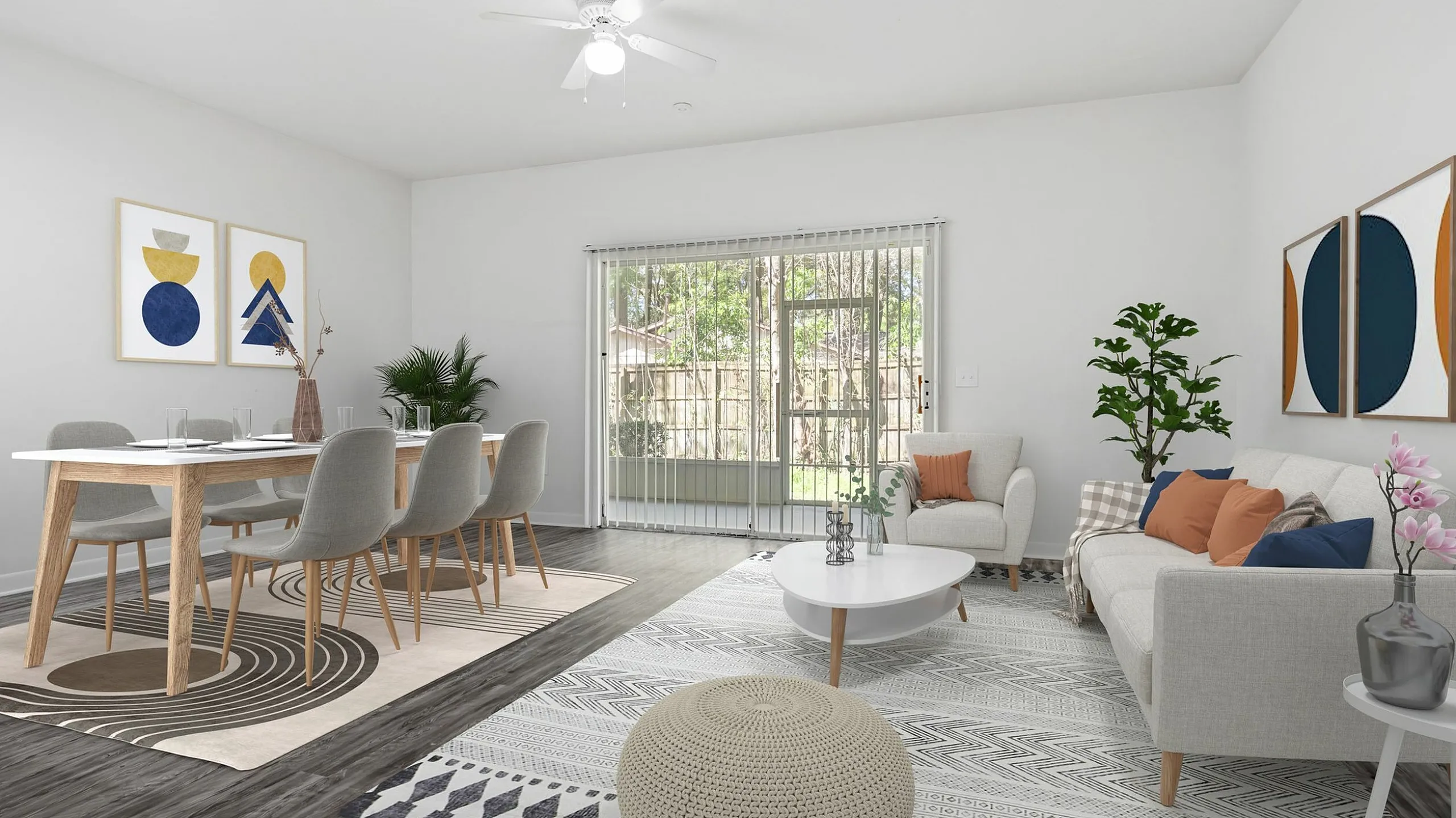 Chic apartment interior featuring an open-concept living and dining area with stylish decor, large windows, and modern furnishings.
